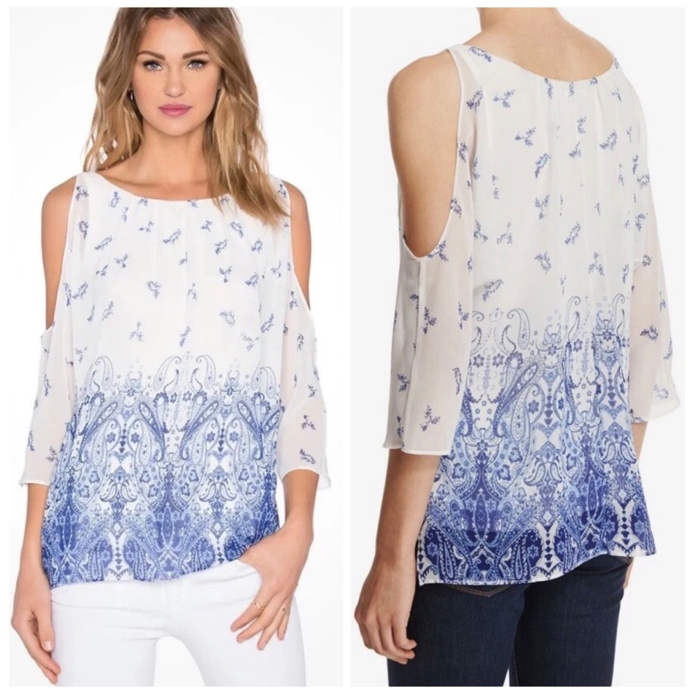 Bailey/44 Apollo Top Women Medium White Blue Boho Paisley Cold Shoulder 411-B879